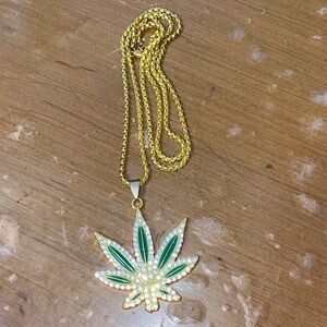 Gold and Green Leaf Pendant Necklace